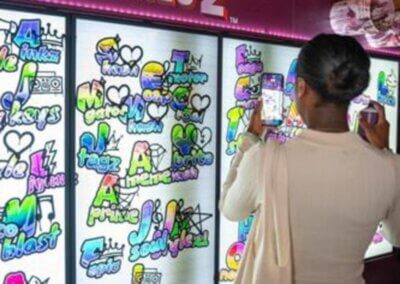 women taking a photo of the digital mural